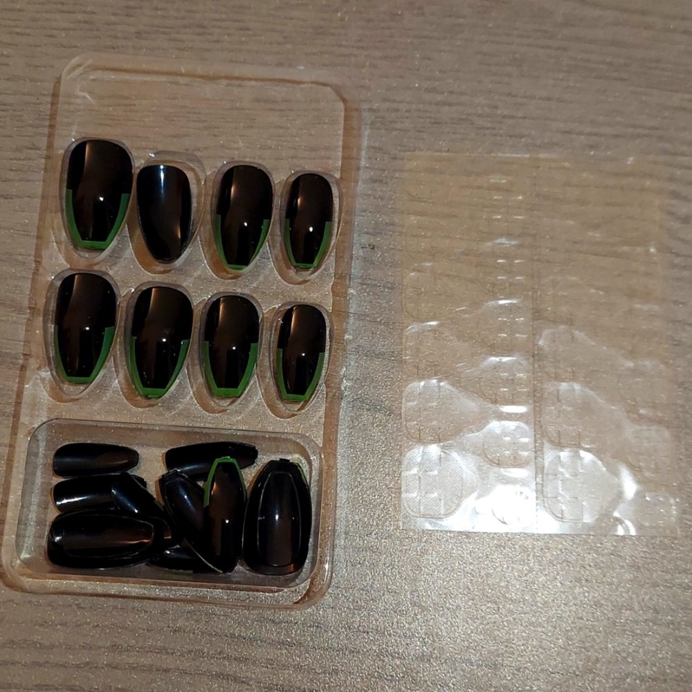 Black/green fake nails oval press on nails